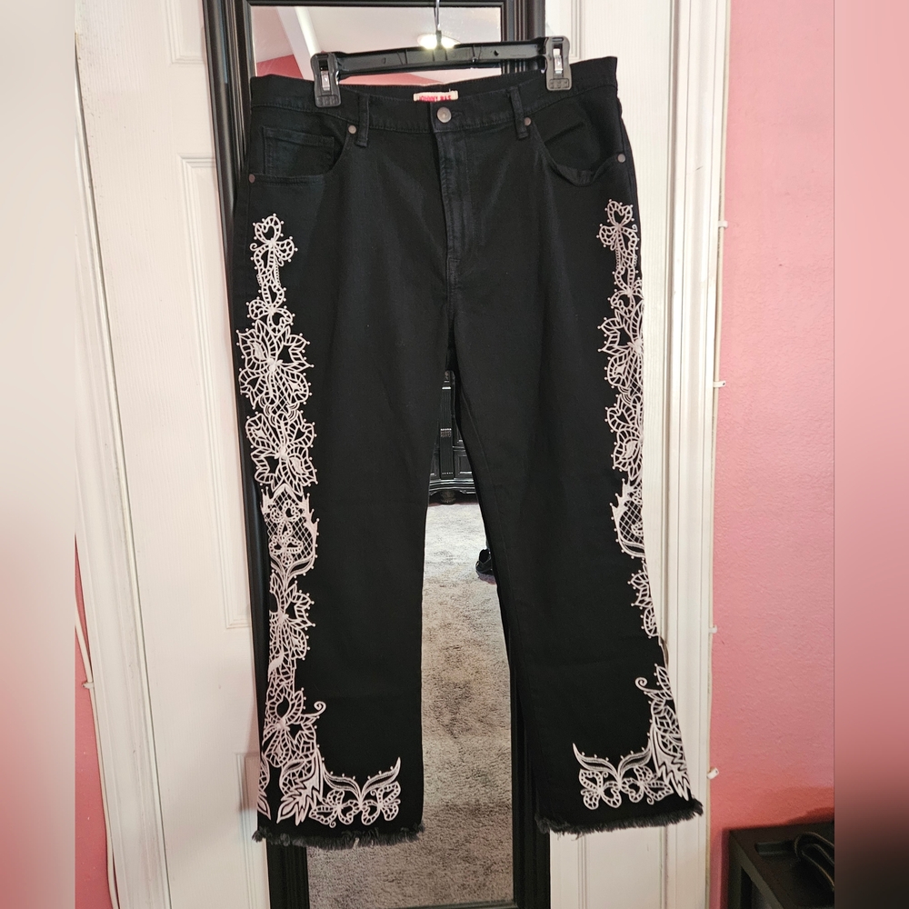 Johnny Was Black Flare Jeans with White Floral Side Embroidery